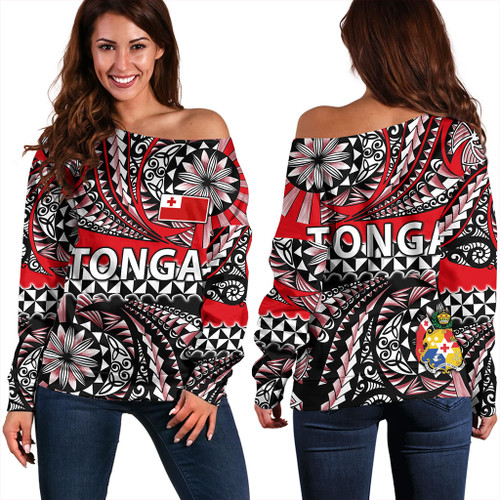 Tonga Off Shoulder Sweatshirt Polynesian Tattoo Tongan Tapa