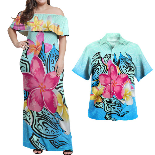 Hawaii Combo Off Shoulder Long Dress And Shirt Tropical Flowers And Turtles