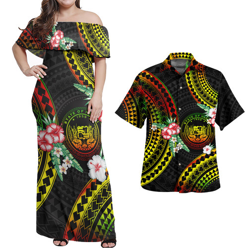 Hawaii Combo Off Shoulder Long Dress And Shirt Polynesian Pattern Reggae Color Hibiscus Flowers