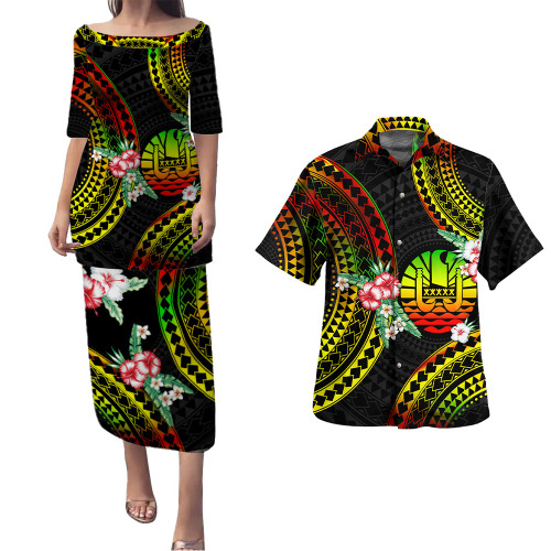 Tahiti Combo Puletasi And Shirt Polynesian Pattern Reggae Color Hibiscus Flowers