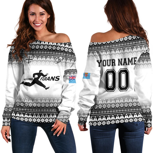 Fiji Off Shoulder Sweatshirt Vintage Flying Fijians RugbyTribal Pattern 2023