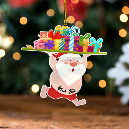 Santa Claus Wearing Swim Suit With Gift Boxes Running Beach Acrylic And Wooden Ornament