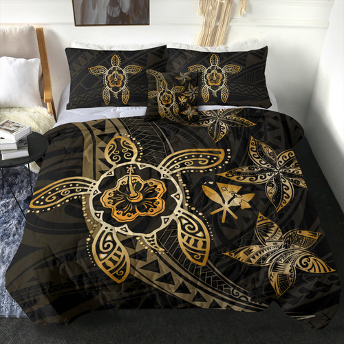 Hawaii Comforter Kanaka Maoli Map Hibiscus Plumeria Turtle Art Polynesian Gold