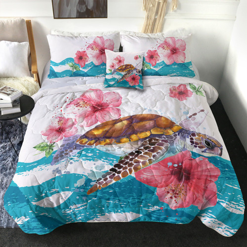 Hawaii Comforter Turtle Hibiscus Waves Polynesian