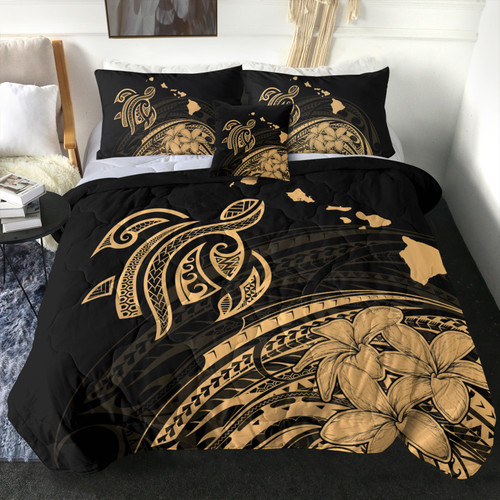 Hawaii Comforter Turtle Polynesian Map Plumeria Gold