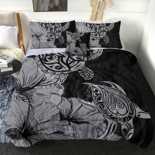 Hawaii Turtle Comforter Polynesian Hibiscus Art Gray