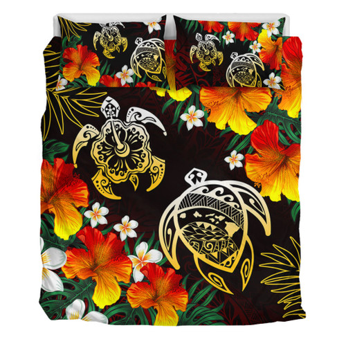 Hawaii Bedding Set Polynesian Tribal Floral Turtle