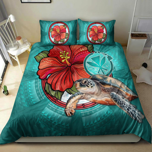 Hawaii Bedding Set Hawaiian Map Turtle Hibiscus Flowers Polynesian Patterns Style