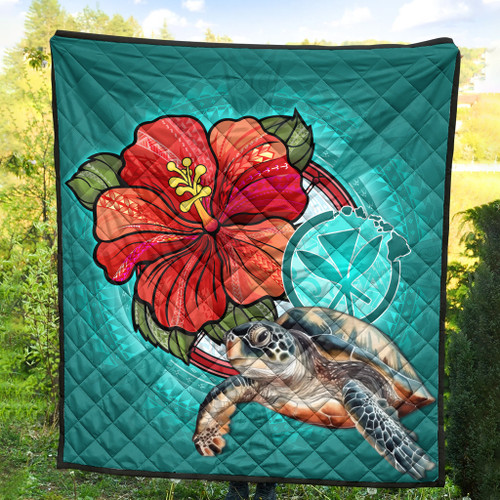Hawaii Premium Quilt Hawaiian Map Turtle Hibiscus Flowers Polynesian Patterns Style