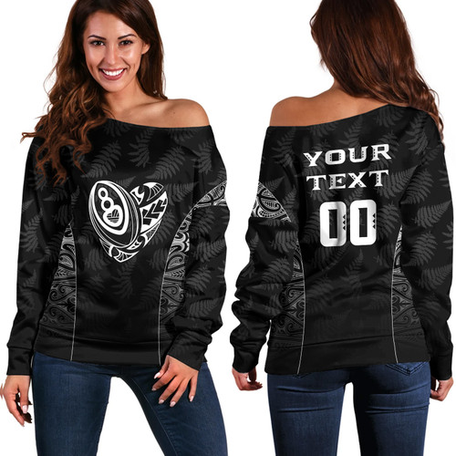 New Zealand Off Shoulder Sweatshirt Rugby Heart Maori Style Silver Fern
