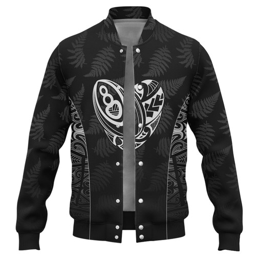 New Zealand Baseball Jacket Rugby Heart Maori Style Silver Fern
