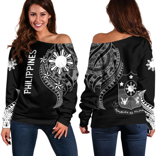 Philippines Filipinos Custom Personalised  Off Shoulder Sweatshirt Tatau White Pattern