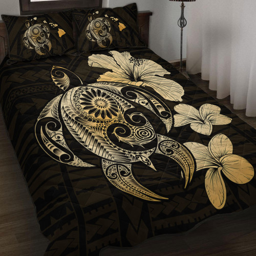 Hawaii Quilt Bed Set Hibiscus Plumeria Mix Polynesian Turtle