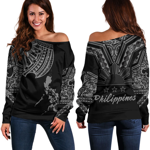 Philippines Filipinos Custom Personalised Off Shoulder Sweatshirt Filipinos Sun Tatau Tribal Patterns