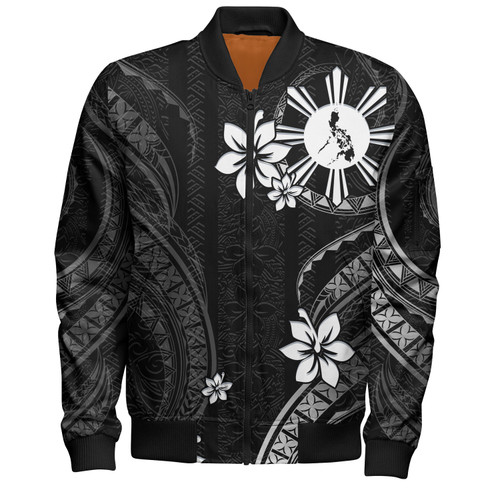 Philippines Filipinos Bomber Jacket Philippines White Hibiscus Flowers Tribal Pattern