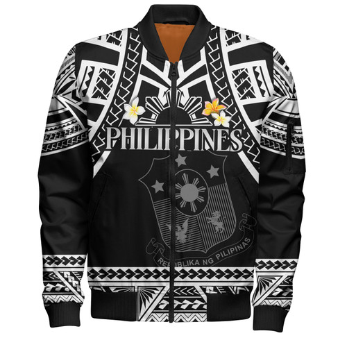 Philippines Filipinos Custom Personalised Bomber Jacket Filipinos Plumeria Flowers Mix Tribal Patterns