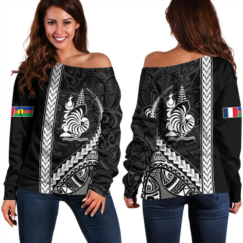 New Caledonia Off Shoulder Sweatshirt Tribal Melanesian Coat Of Arms