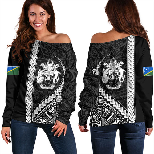 Solomon Islands Off Shoulder Sweatshirt Tribal Melanesian Coat Of Arms