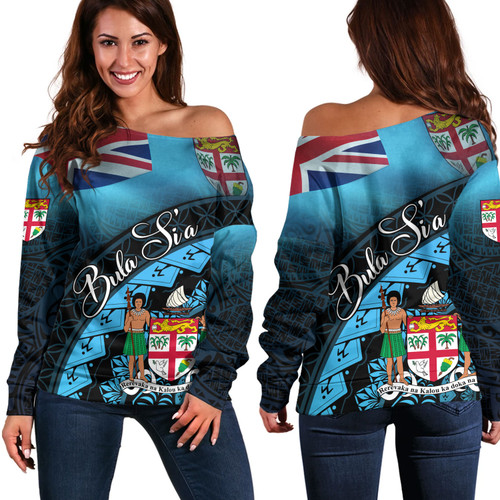Fiji Custom Personalised Off Shoulder Sweatshirt Bula Si'a Fijian Flag Tapa Patterns Style