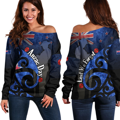 New Zealand Custom Personalised Off Shoulder Sweatshirt Anzac Day Flag Maori Patterns
