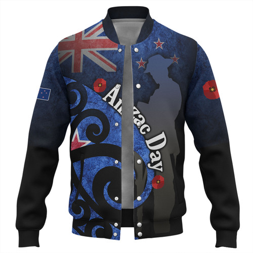 New Zealand Custom Personalised Baseball Jacket Anzac Day Flag Maori Patterns