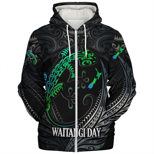 New Zealand Custom Personalised Sherpa Hoodie Waitangi Day Ethnic Lizard Maori Patterns