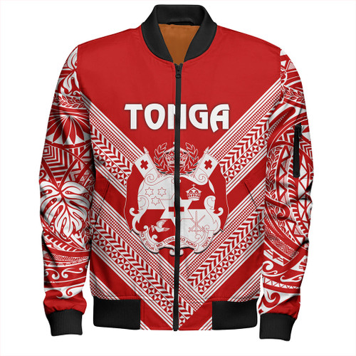 Tonga Bomber Jacket Custom Tribal Pattern Coat Of Arms