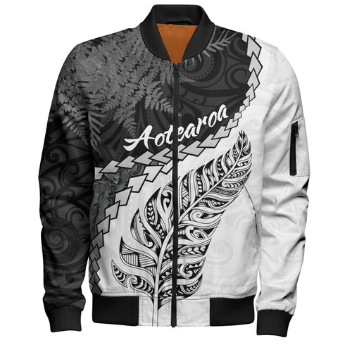 New Zealand Custom Personalised Bomber Jacket Silver Fern Maori Pattern