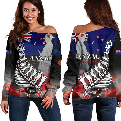 New Zealand Custom Personalised Off Shoulder Sweatshirt Anzac Day Silver Fern Flag Style