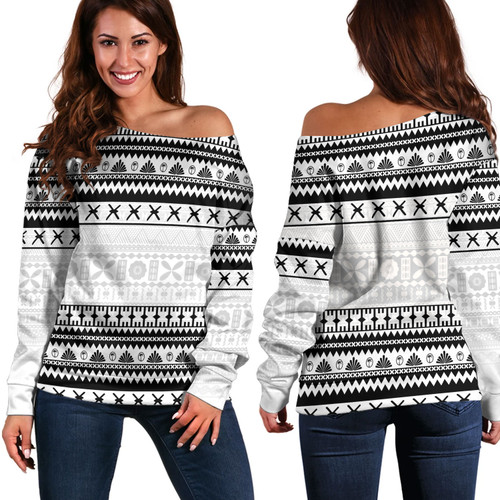 Fiji Off Shoulder Sweatshirt Fijian Masi Pattern Palm Style