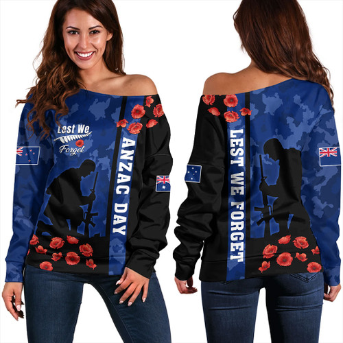 New Zealand Off Shoulder Sweatshirt Anzac Day Lest We Forget Military Camouflage Simple Style
