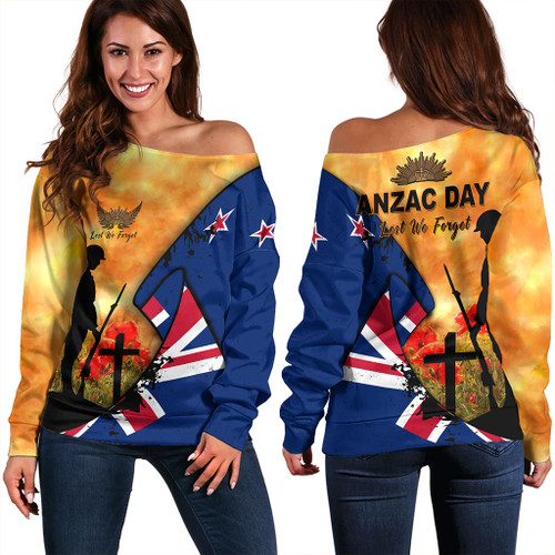 New Zealand Off Shoulder Sweatshirt Anzac Day Flag Lest We Forget