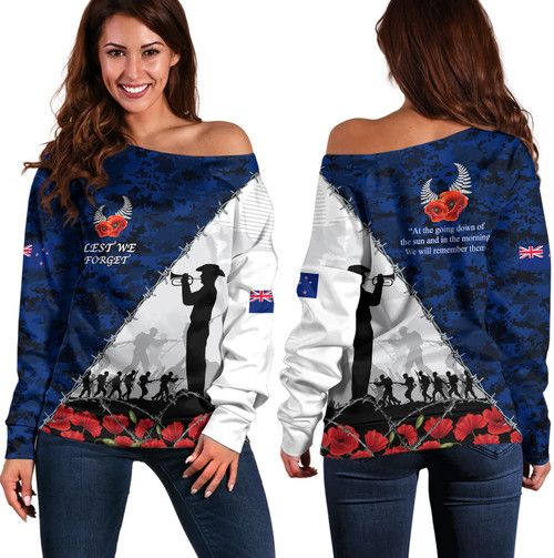 New Zealand Off Shoulder Sweatshirt Anzac Day Poppy Flower And Barbed Wire