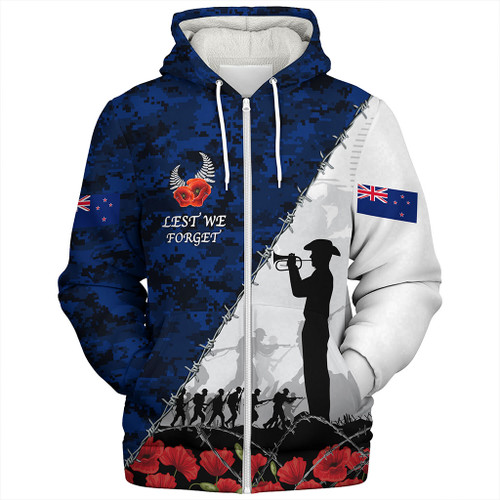 New Zealand Sherpa Hoodie Anzac Day Poppy Flower And Barbed Wire
