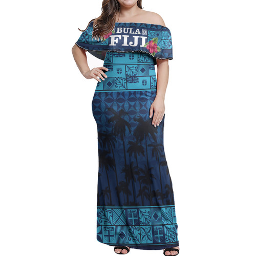 Fiji Woman Off Shoulder Long Dress Bula Fiji Masi Palm Tree Design
