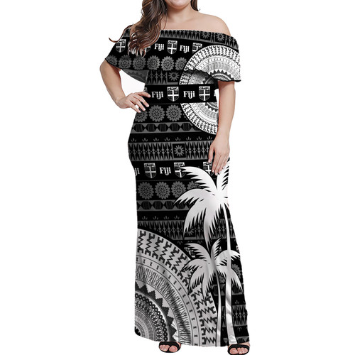 Fiji Woman Off Shoulder Long Dress Fijian Masi Palm Curve Style