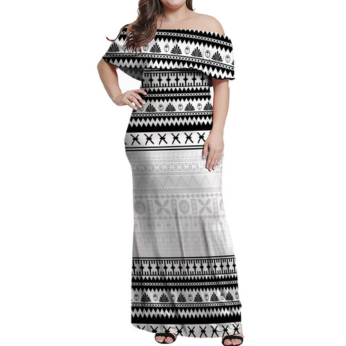 Fiji Woman Off Shoulder Long Dress Fijian Masi Pattern Palm Style