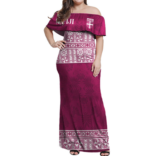 Fiji Woman Off Shoulder Long Dress Traditional Fijian Masi Pink Color