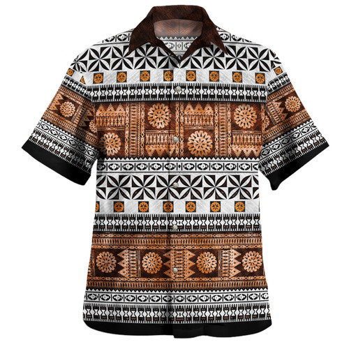 Fiji Hawaiian Shirt Fijian Tapa Pattens Brown Color Vintage Design