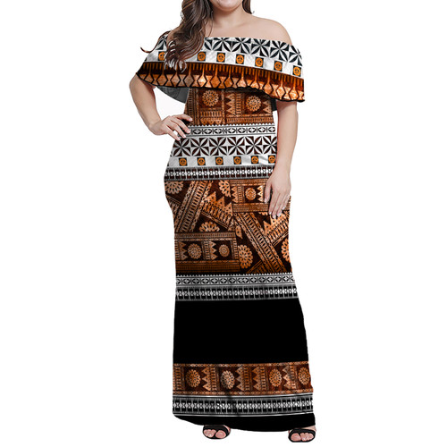 Fiji Woman Off Shoulder Long Dress Fijian Tapa Pattens Brown Color Vintage Design