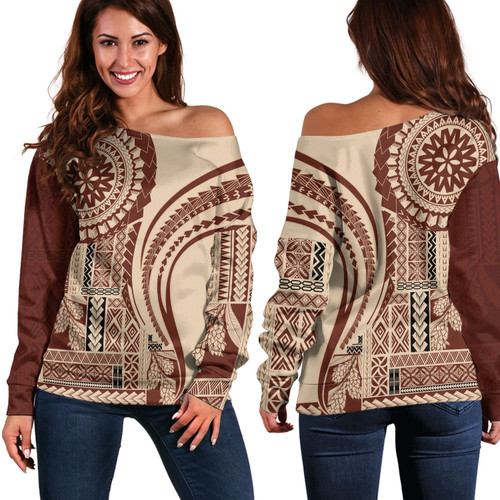 Samoa Off Shoulder Sweatshirt Samoan Siapo Brown Design
