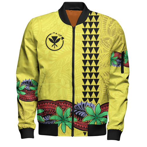 Hawaii Bomber Jacket Kanaka Maoli Map Seal Tropical Flowers Yellow Color