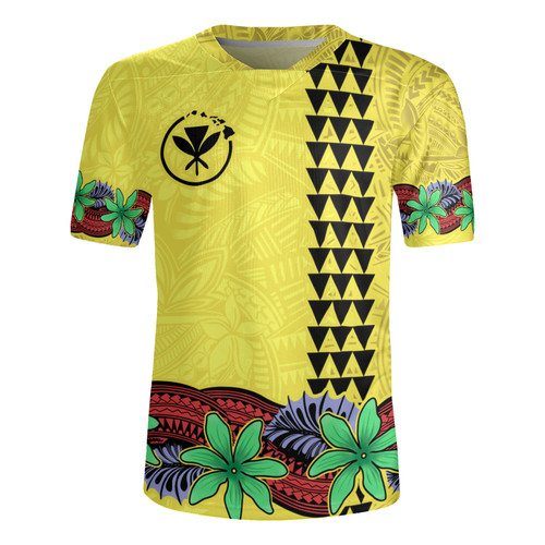 Hawaii Rugby Jersey Kanaka Maoli Map Seal Tropical Flowers Yellow Color