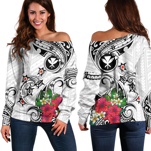 Hawaii Off Shoulder Sweatshirt Turtle Polynesian Tribal Tropical Flowers