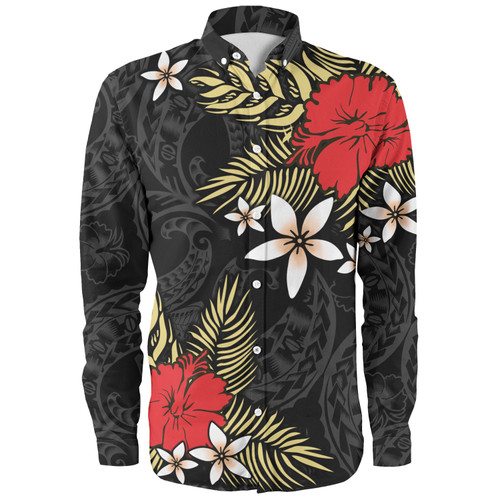 Polynesian Long Sleeve Shirt Hibiscus Plumeria Flowers Polynesian Tribal Motif Patterns
