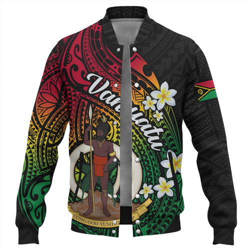Vanuatu Baseball Jacket Custom Plumeria Flowers Tribal Motif Flag Color Design