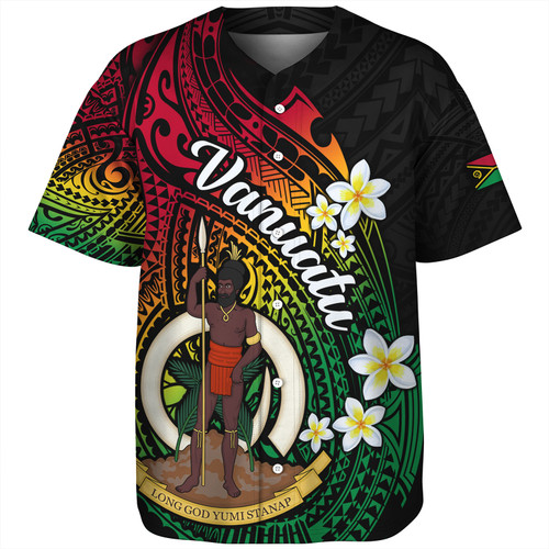 Vanuatu Baseball Shirt Custom Plumeria Flowers Tribal Motif Flag Color Design
