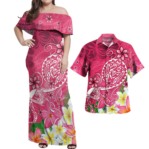 Polynesian Combo Off Shoulder Long Dress And Shirt  Turtle Plumeria Pink Color