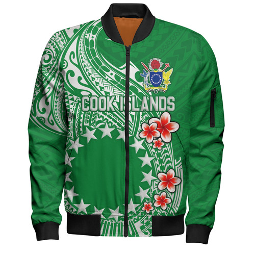 Cook Islands Bomber Jacket Plumeria Flowers Tribal Motif Design