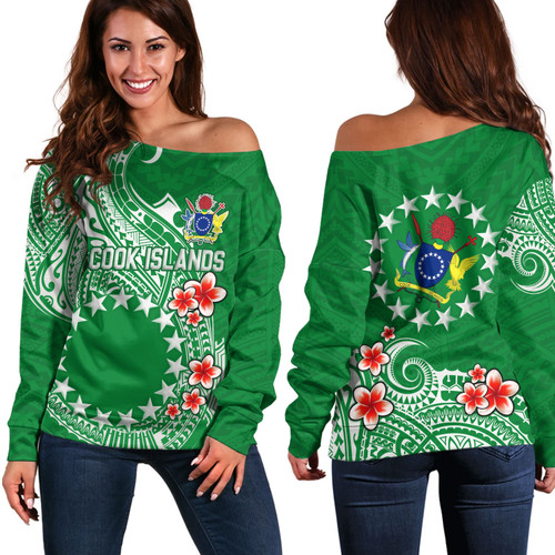 Cook Islands Off Shoulder Sweatshirt Plumeria Flowers Tribal Motif Design